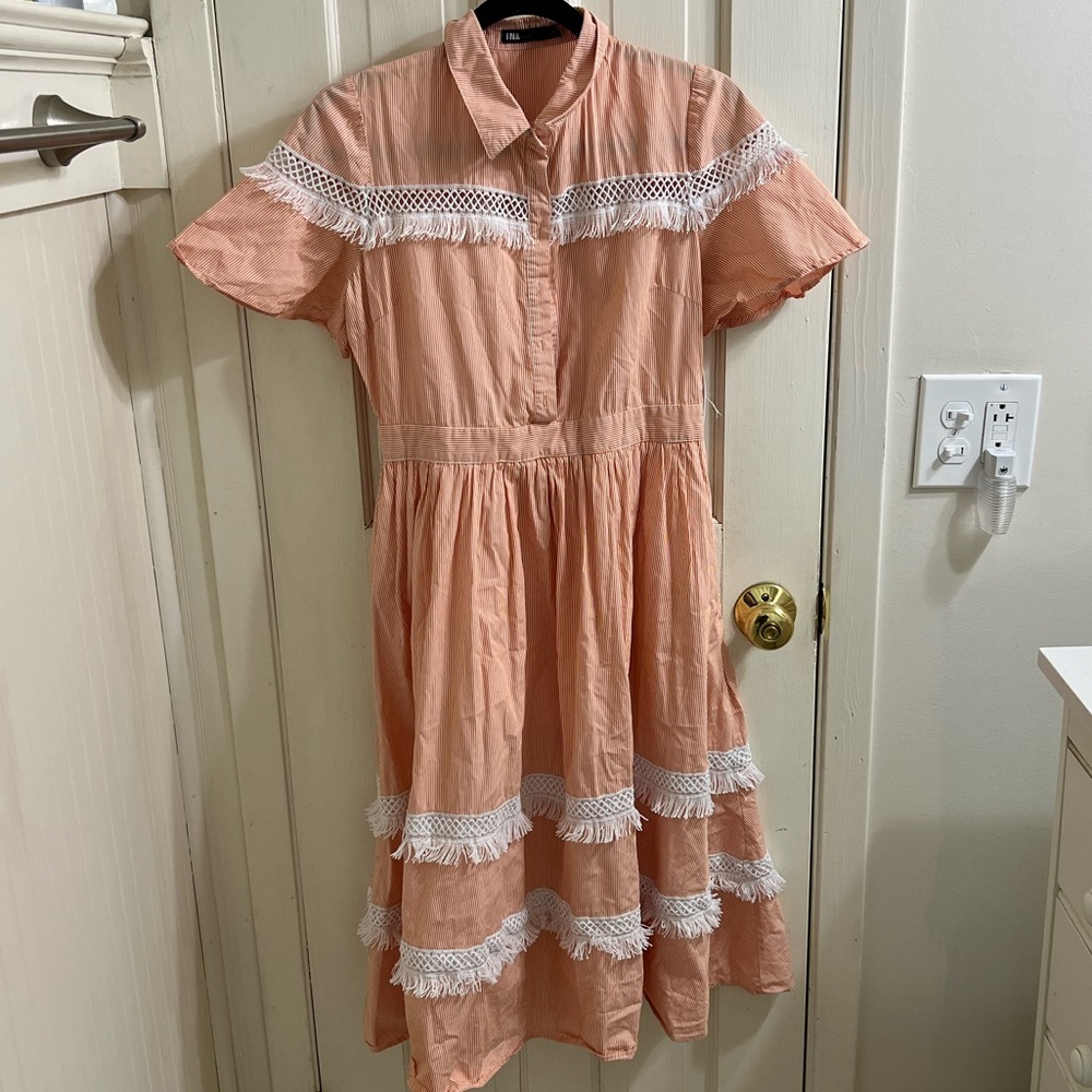 Pinstripe Orange INA Dress Full Skirt White Fringe